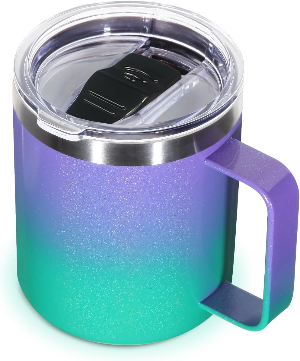 Volhoply 14oz Insulated Stainless Steel Coffee Mug with Leakproof Lid,Double Wall Vacuum Travel Coffee Cup with Handle,Reusable Metal Tumbler,Camping Mugs Keep Hot/Cold,Christmas Gifts(Black,1