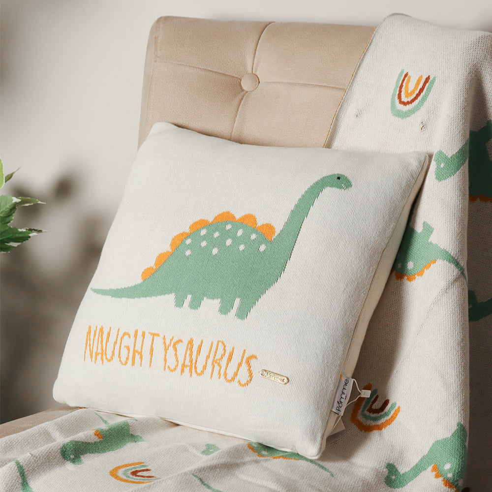 Knitted Cushion Cover - Green Dinosaur