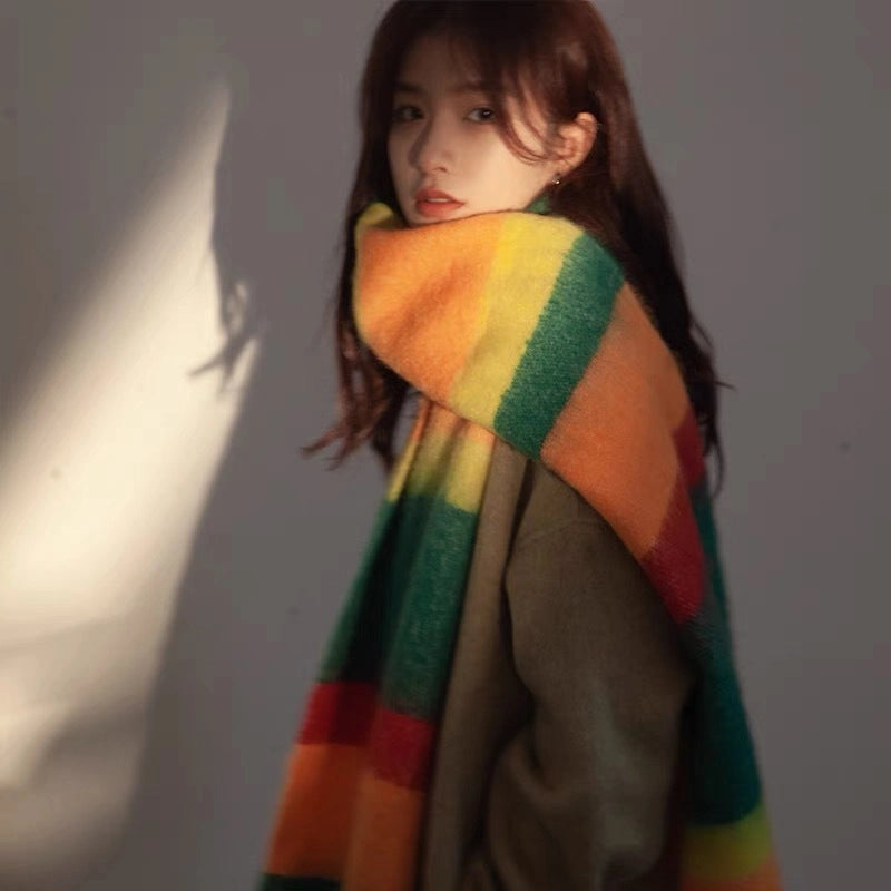 Gradient Horizontal Plaid Couple Scarf Mohair Scarf Winter Warm Thickened Lengthened Trendy White Scarf