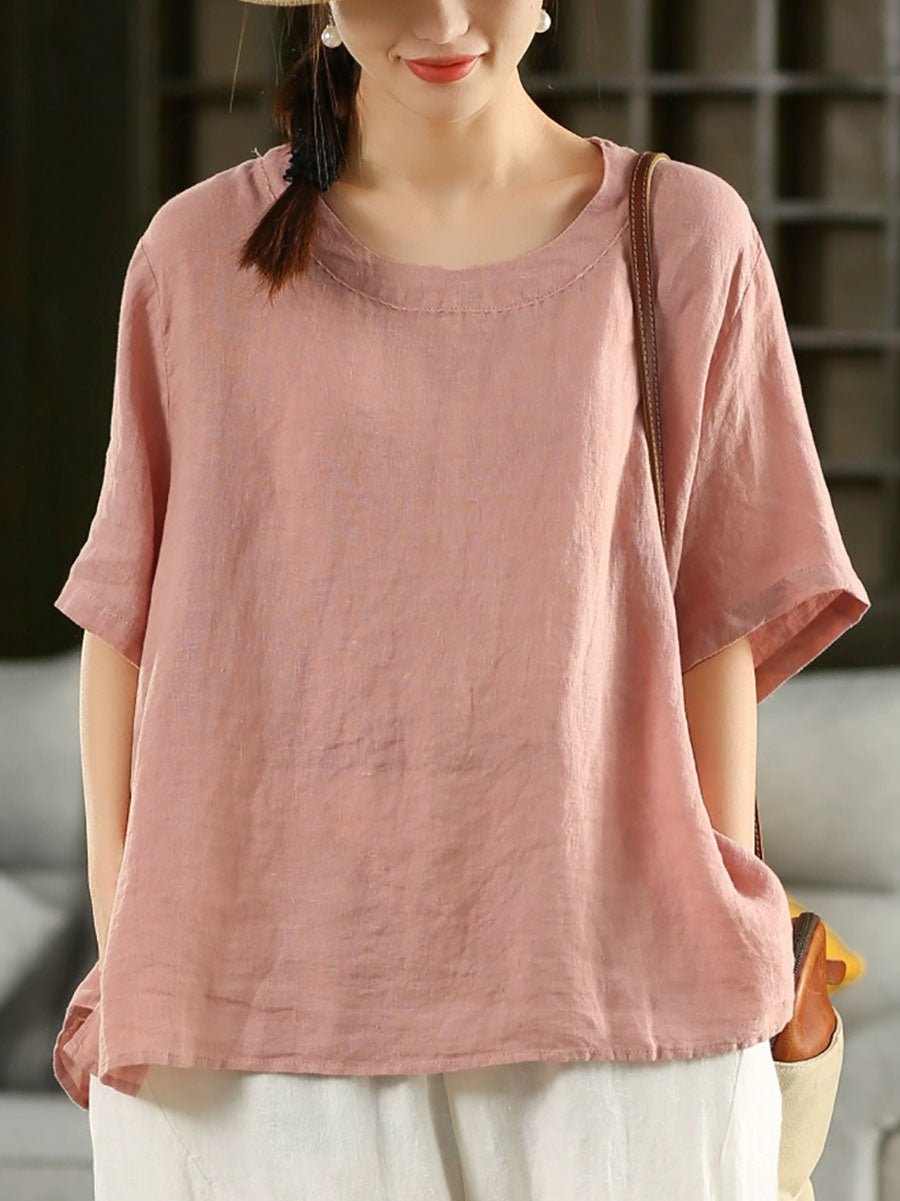 Women Summer Retro Pure Color O-Neck 100%Linen Shirt