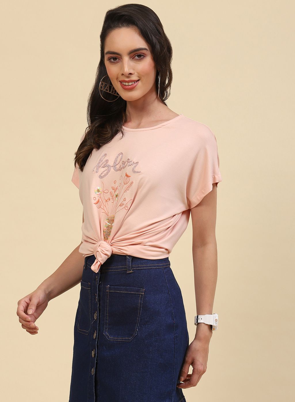 Women Peach Embroidered Top