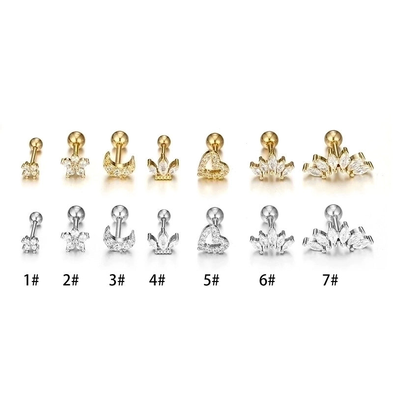 1 Piece Minimalist Moon Heart Shape Flower Plating Inlay 316L Stainless Steel  Zircon Stainless Steel Earrings