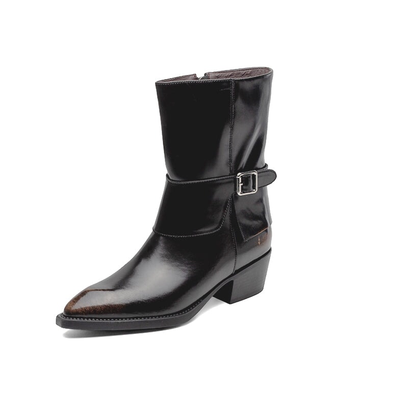 Western Boots Mid Calf Boots Block Heel - Black/Red Cowgirl Boots All Genuine Leather