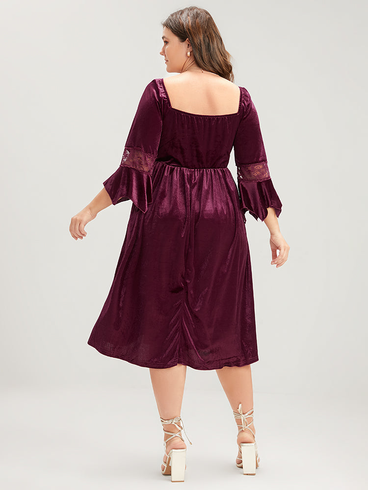 Halloween Solid Velvet Bell Sleeve Pocket Contrast Lace Ties Midi Dress