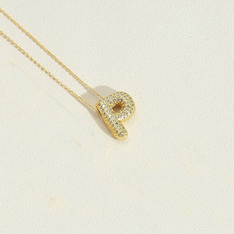 Copper 14K Gold Plated Minimalist Inlay Letter Zircon Pendant Necklace