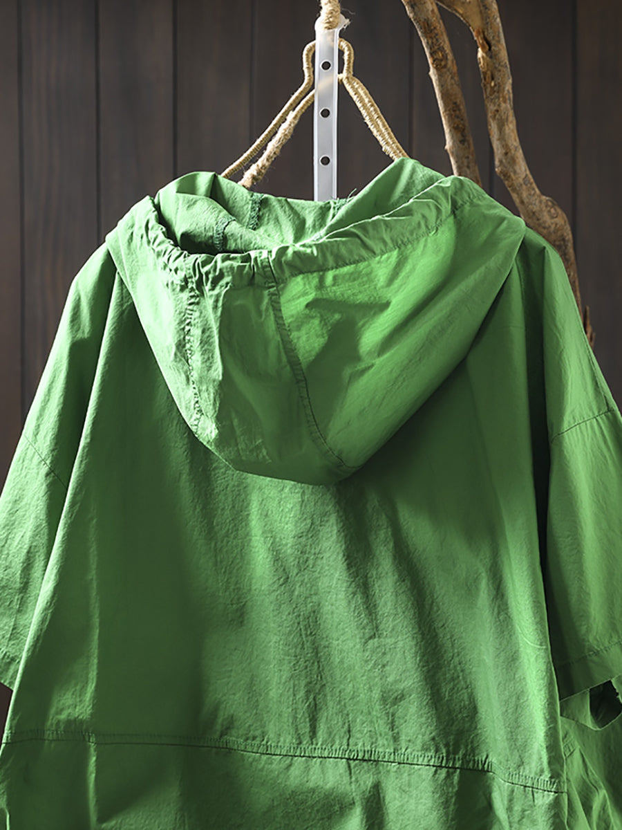 Women Summer Casual Pure Color Hooded Cotton Shirt