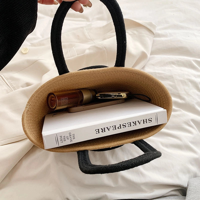 Women's Large Cotton Solid Color Vacation Weave Bucket Open Tote Bag