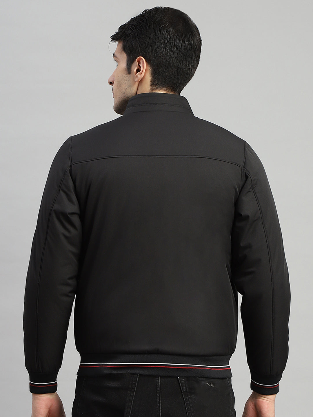 Men Black Solid Mock Neck Full Sleeve Jacket