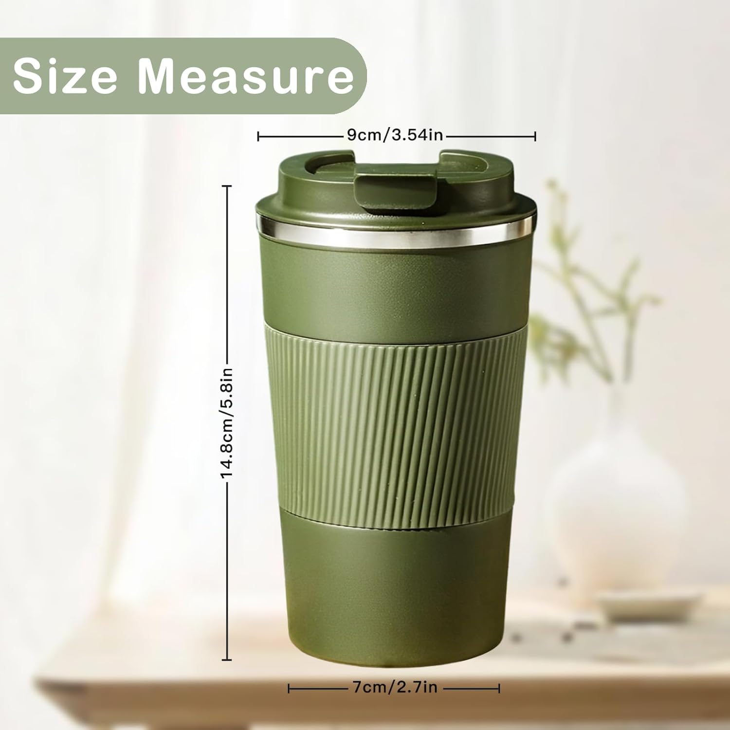 Senshuomy Travel Mug, Insulated Coffee Cup with Leakproof Lid, Reusable Coffee Cups Travel Cup, Stainless Steel thermaol Mug for Hot Cold Drinks (Green 380ml)