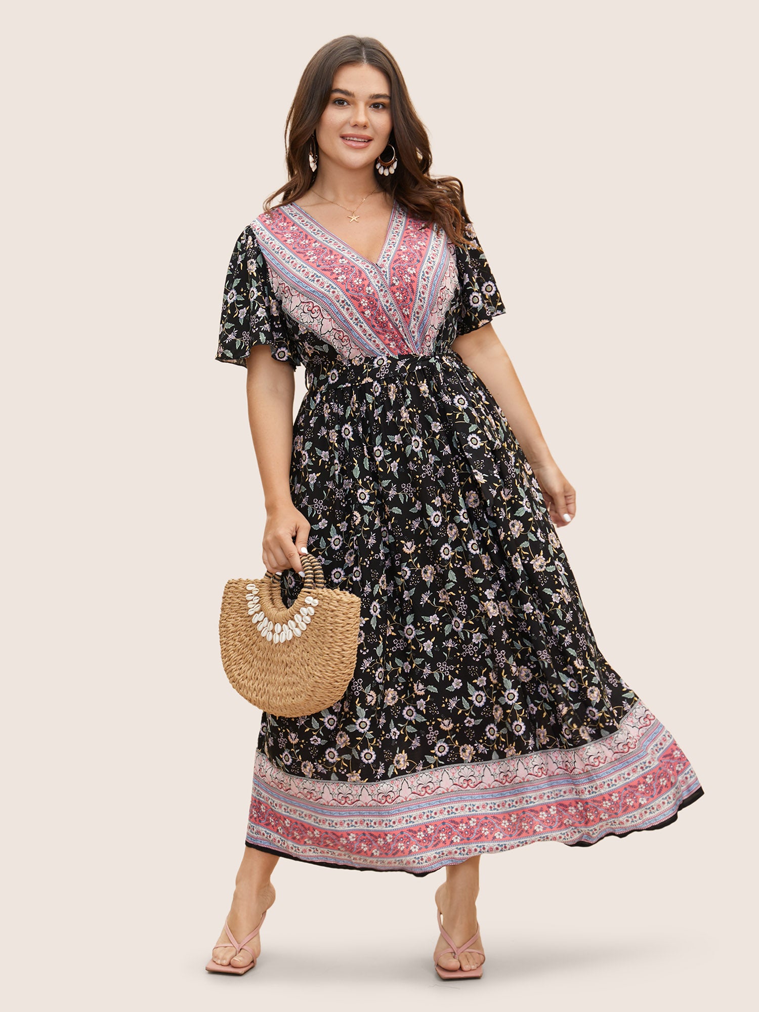 Bandana Surplice Neck Pocket Belted Flutter Hem Maxi Dress