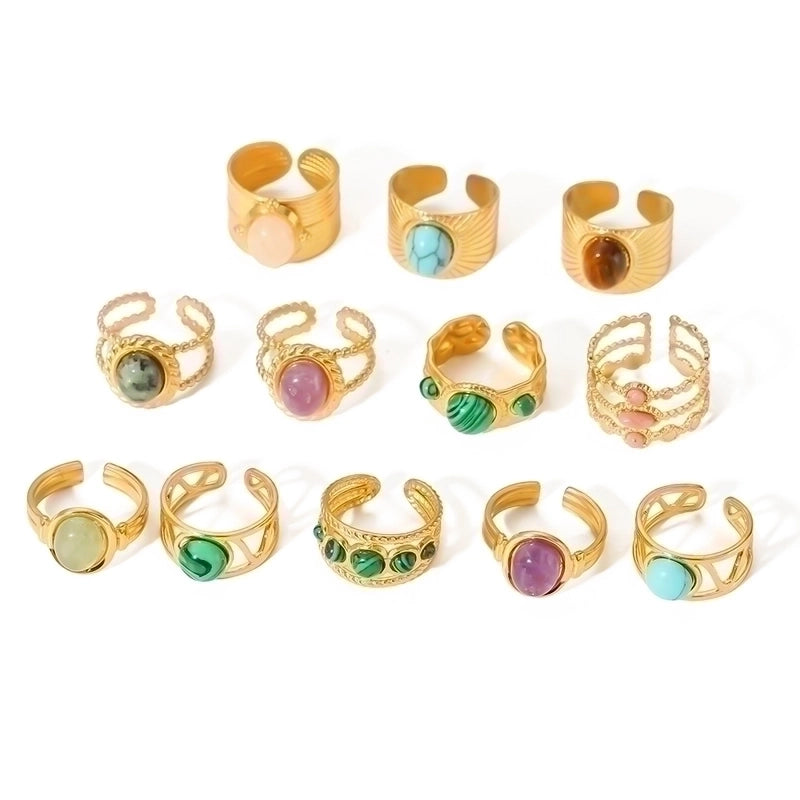 Stainless Steel 18K Gold Plated Basic Vintage Style Plating Inlay Round Natural Stone Open Rings