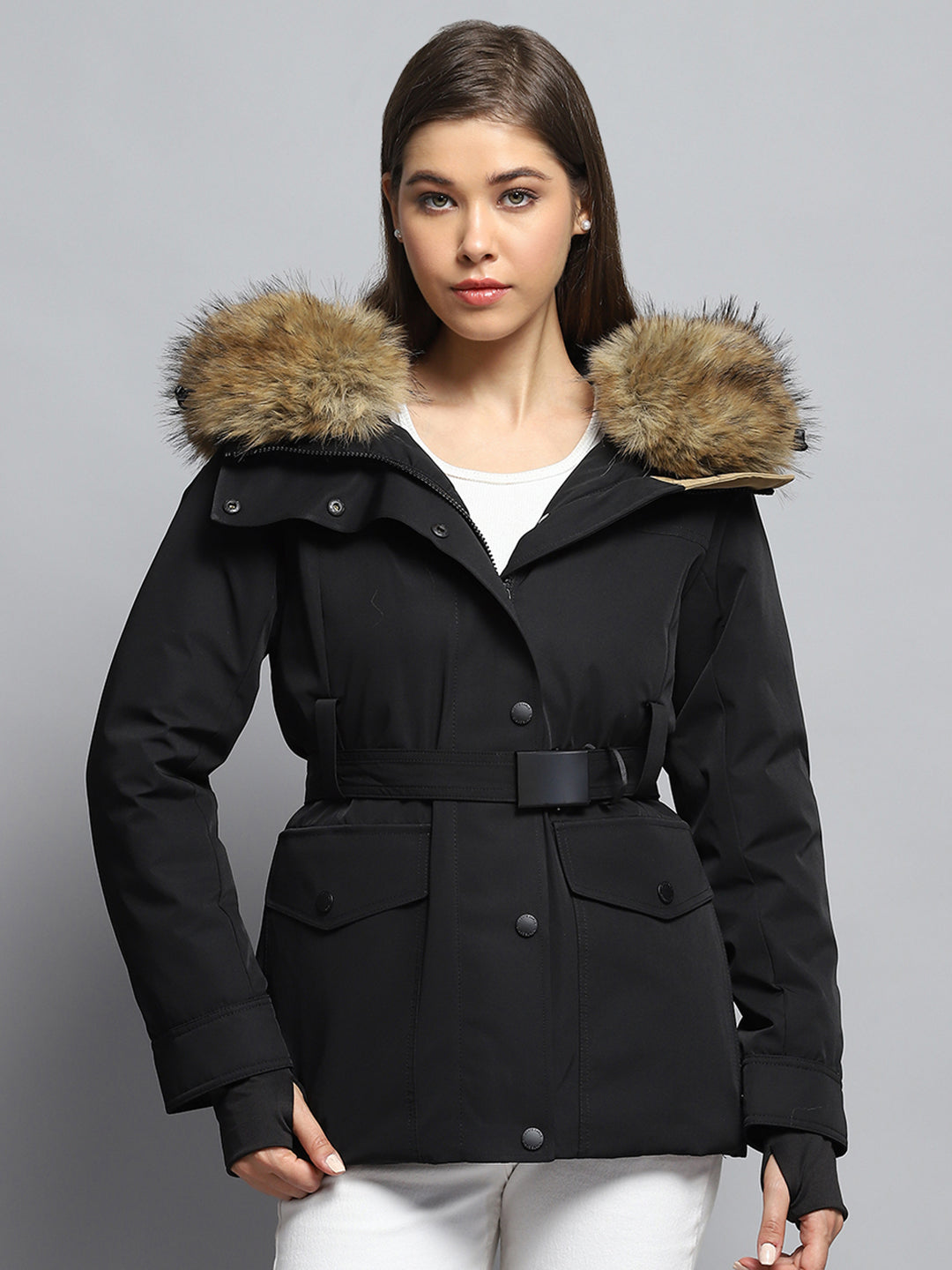 Women Black Solid Hooded Full Sleeve Jacket