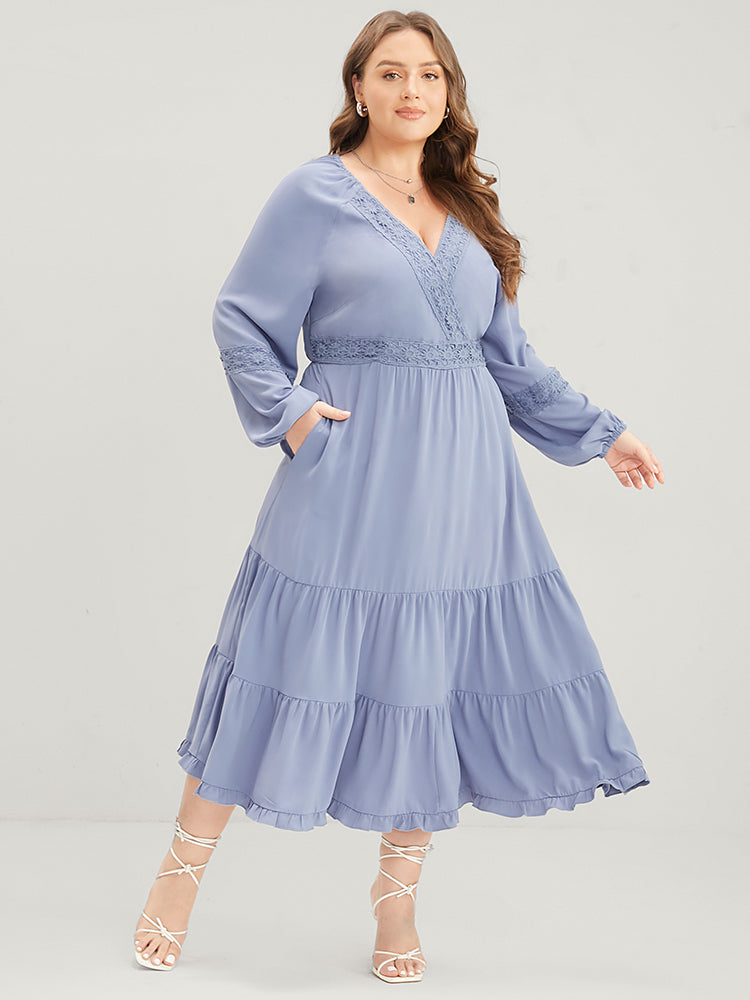 Plain Wrap Pocket Lantern Sleeve Contrast Lace Ruffle Tiered Dress