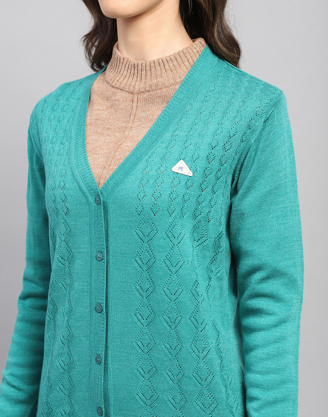 Women Teal Blue Self Design V Neck Full Sleeve Cardigan