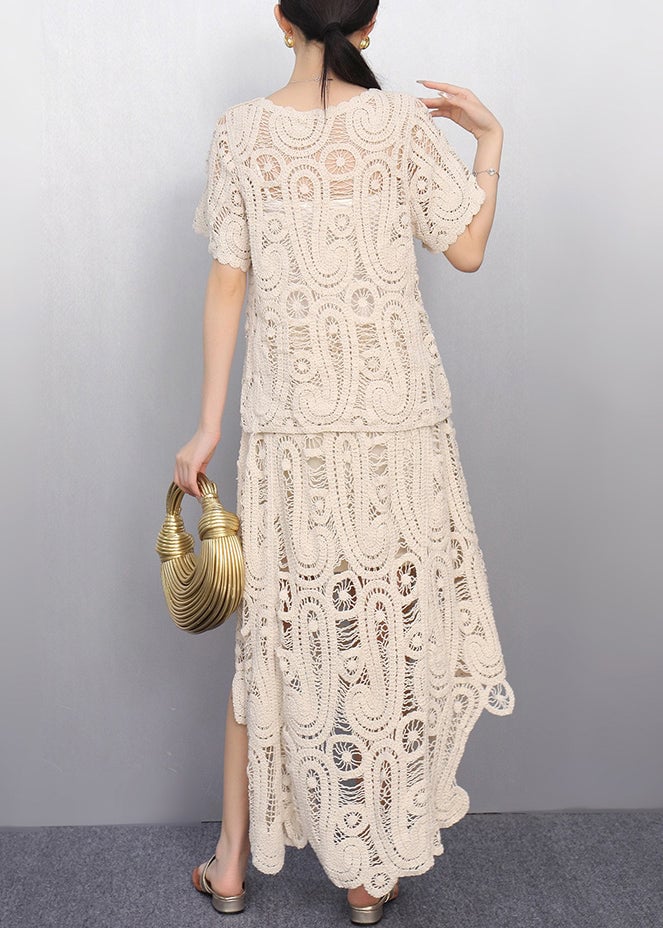 Women Beige O-Neck Lace T Shirt And Maxi Skirts Two Piece Set Short Sleeve