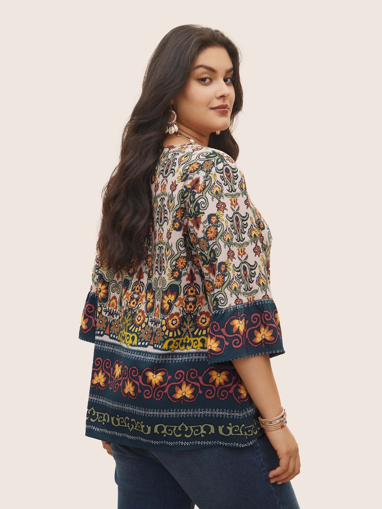 Boho Print Lace Up Bell Sleeve Blouse