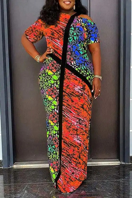 Vintage Casual Loose Off Shoulder Printed Maxi Dress