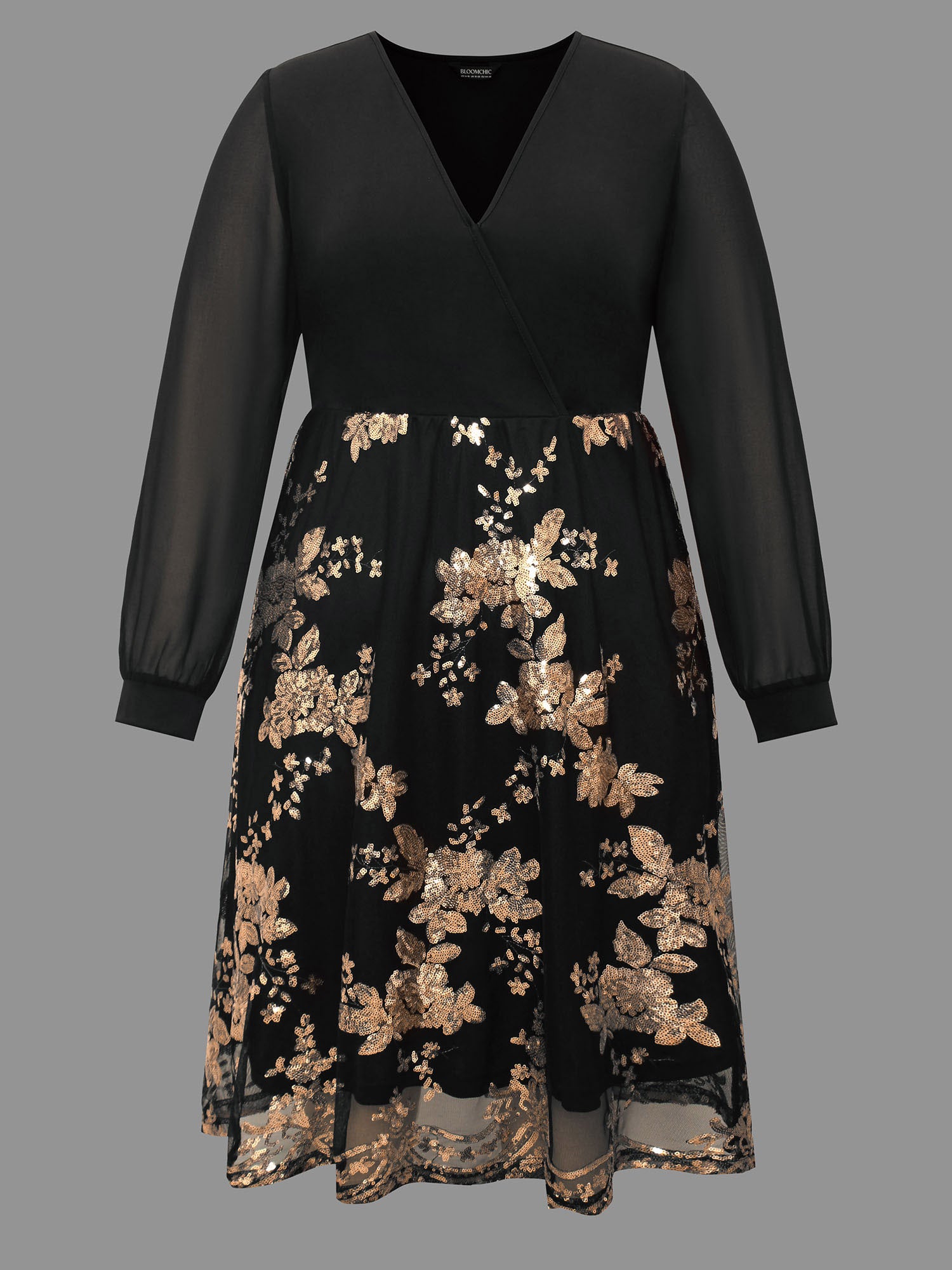 Sequin Overlap Collar Sheer Sleeve Lined Dress