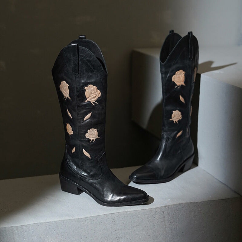 Womens Flower Embroidery Leather Western Boots Knee High Cowgirl Boots in Black