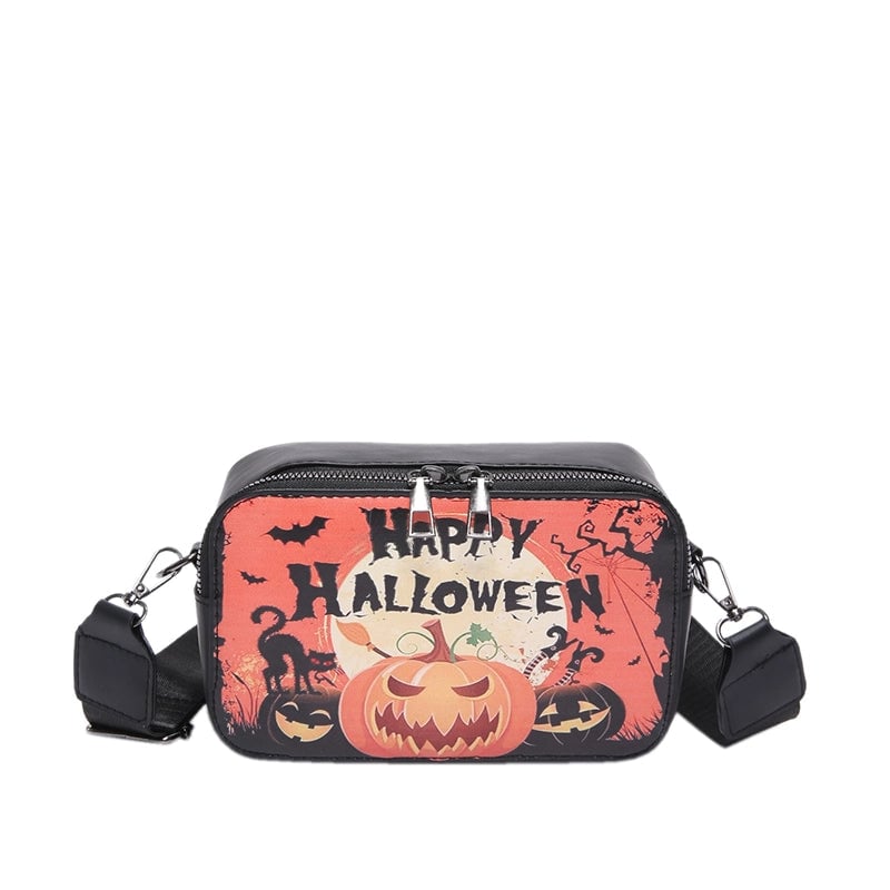 Halloween Women's Pu Leather Pumpkin Letter Ghost Streetwear Square Zipper Shoulder Bag Crossbody Bag