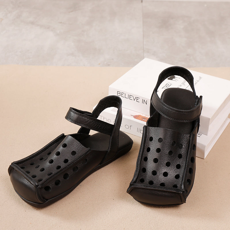 Square Toe Hollow-Out Leather Slingback Flat Sandals for Summer in Green/Black