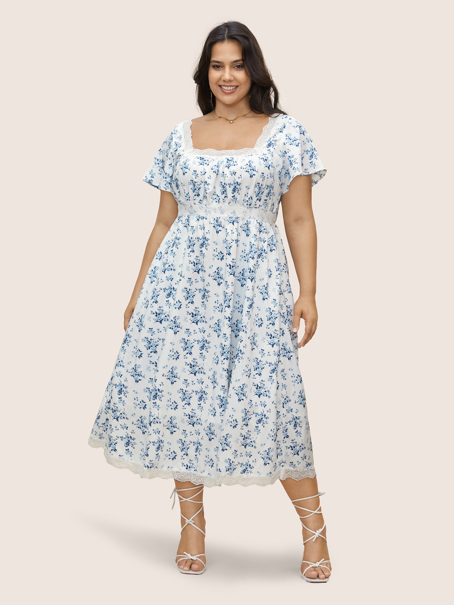 Square Neck Lace Panel Pocket Dress