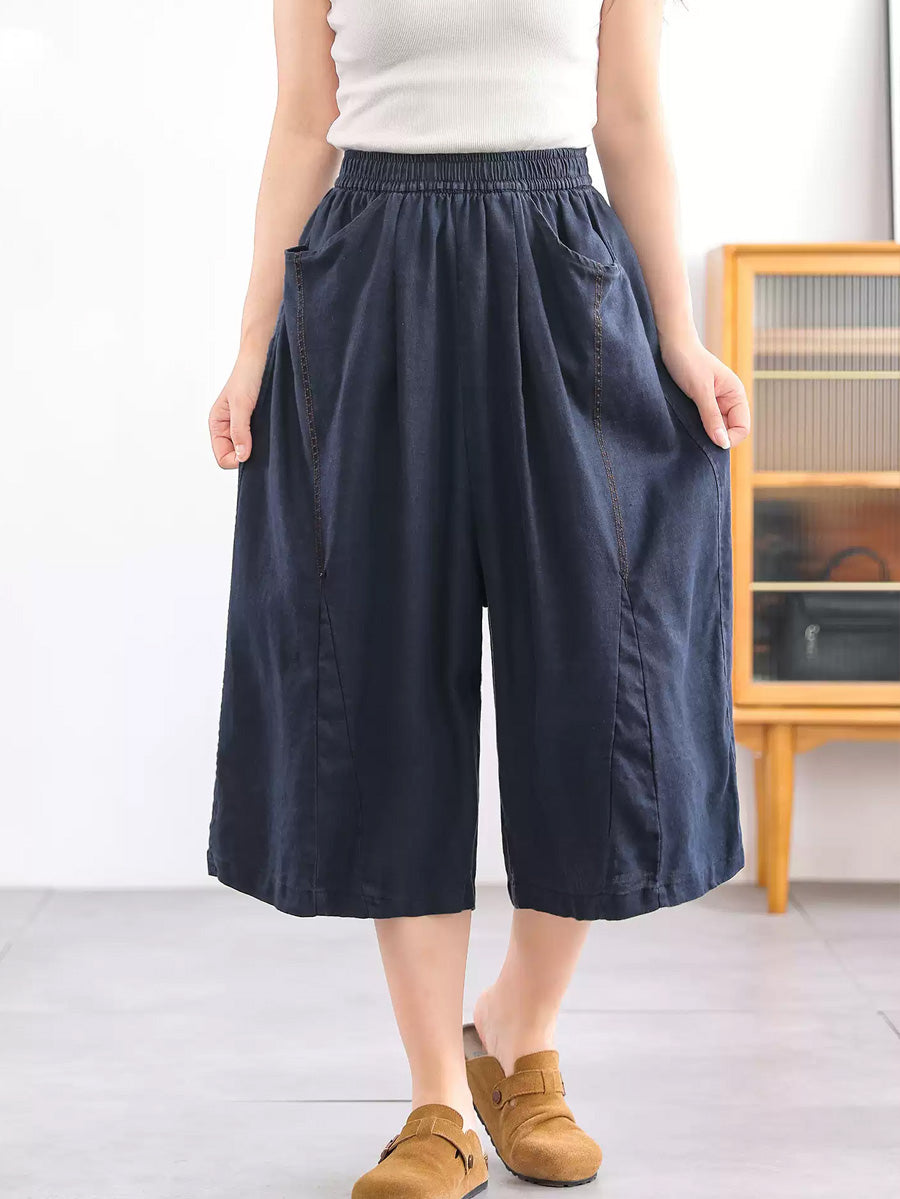 Women Casual Pure Color 100%Linen Wide-leg Cropped Pants
