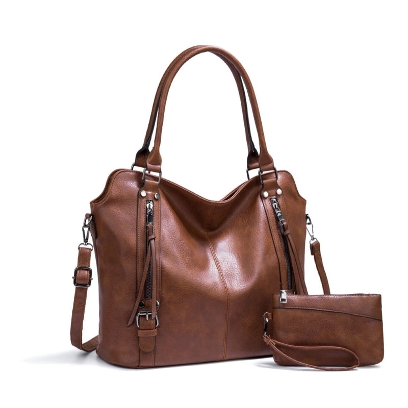 Women's Large Pu Leather Solid Color Vintage Style Zipper Bag Sets Tote Bag