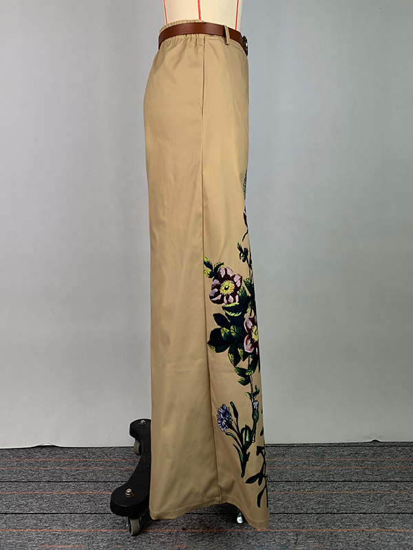 High Waisted Loose Belted Flower Print Pockets Pants Trousers
