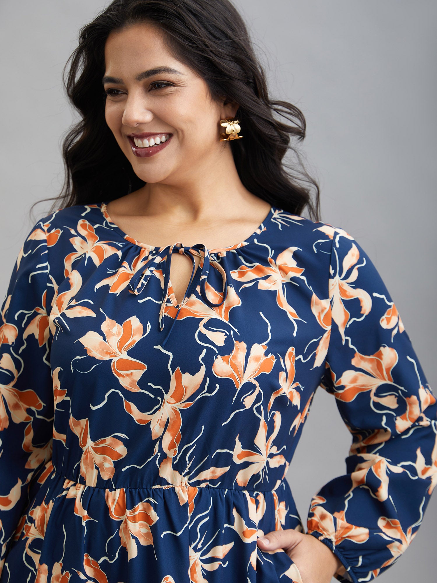 Tropical Flower Print Pockets Waist-Tie Midi Dress