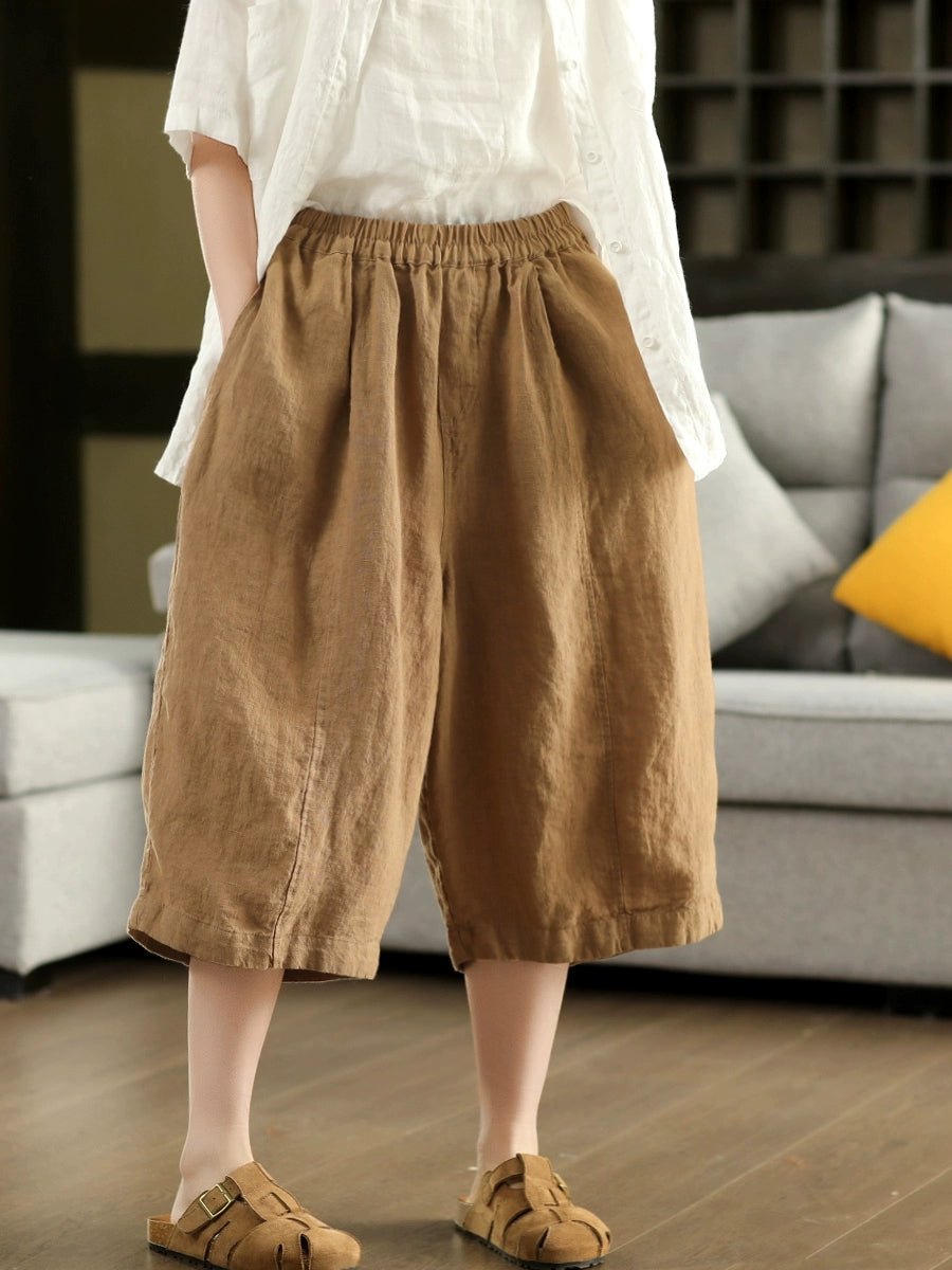 Women Summer Casual 100%Linen Straight Cropped Pants