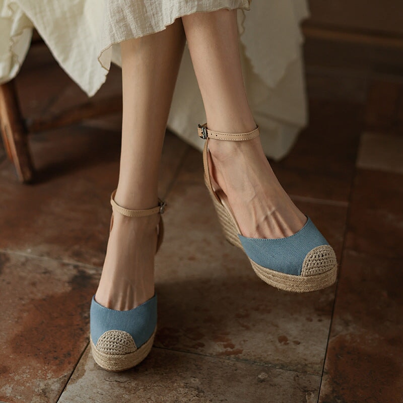 100mm Slingback Espadrille-Wedge Leather Sandals Ankle Strap in Apricot/Blue