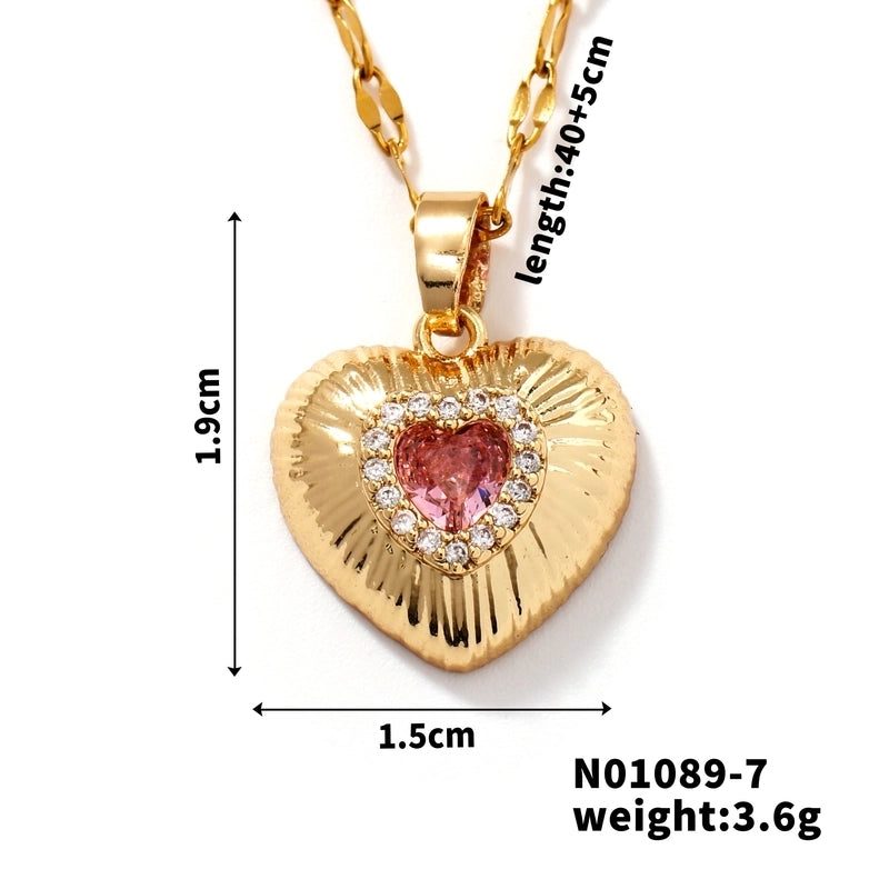 Classic Style Heart Shape 304 Stainless Steel Copper Zircon K Gold Plated Rhodium Plated Inlay Pendant Necklace