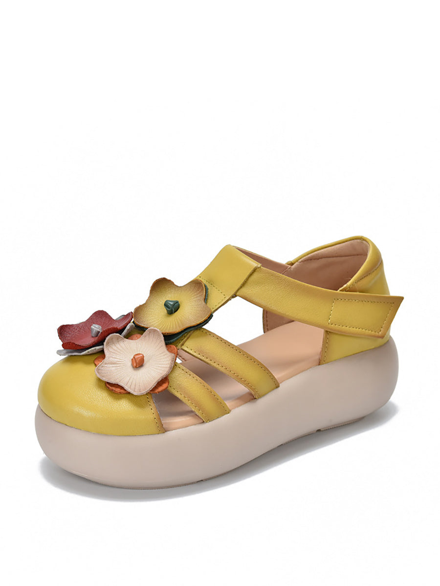 Women Summer Genuine Leather Flower Platform Sandals