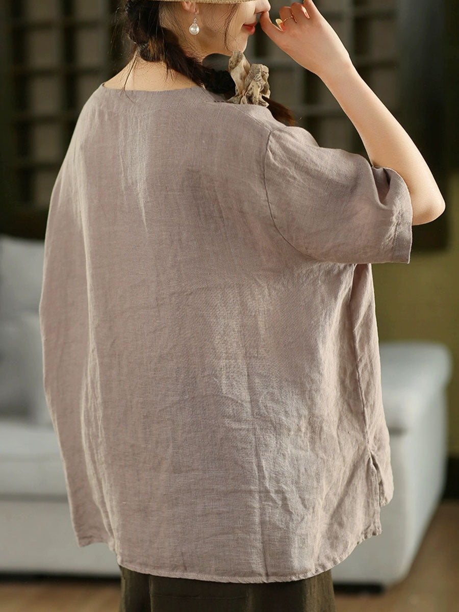Women Summer Retro Pure Color O-Neck 100%Linen Shirt