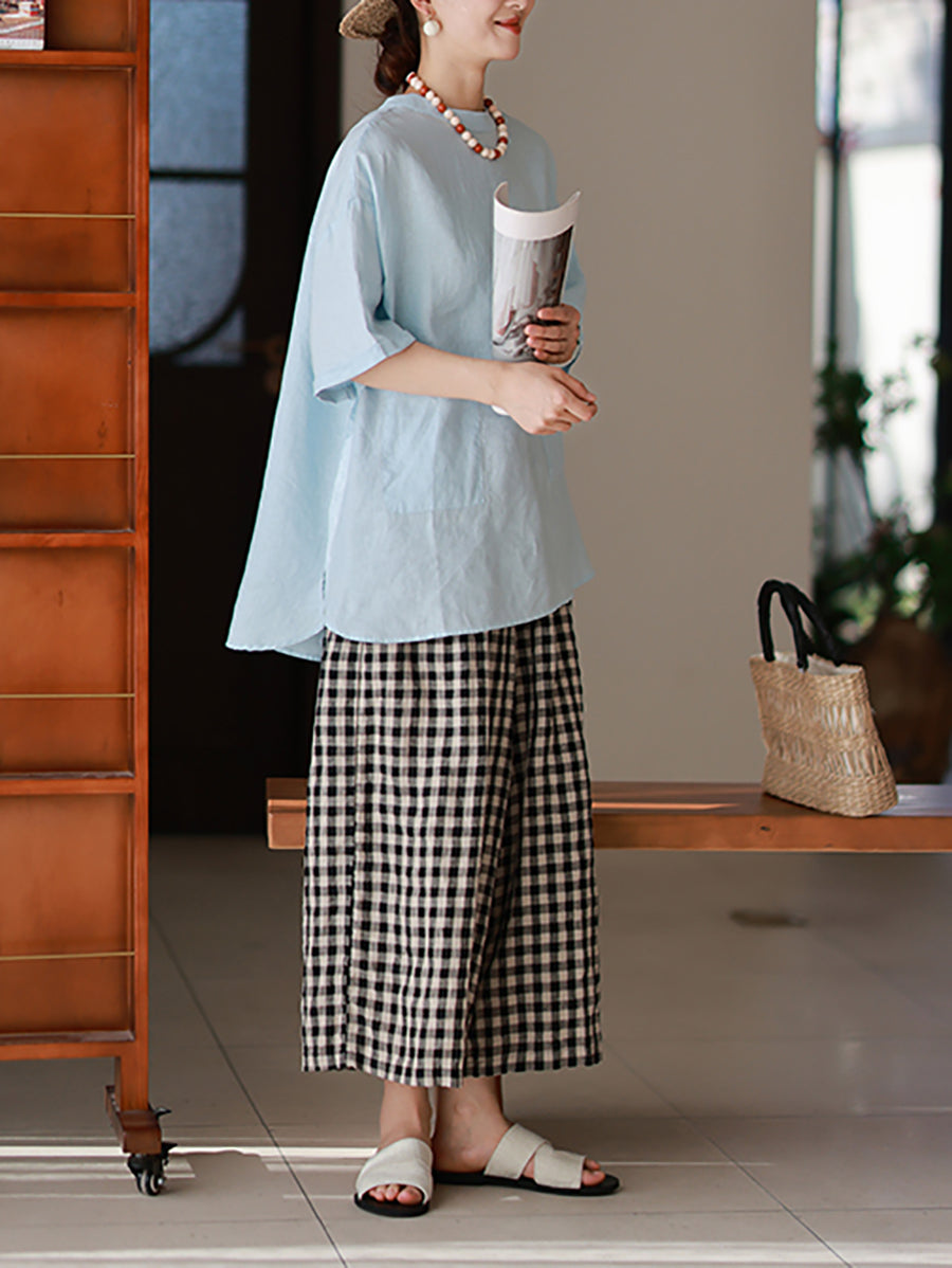 Women Summer Artsy Pure Color 100%Linen O-Neck Shirt