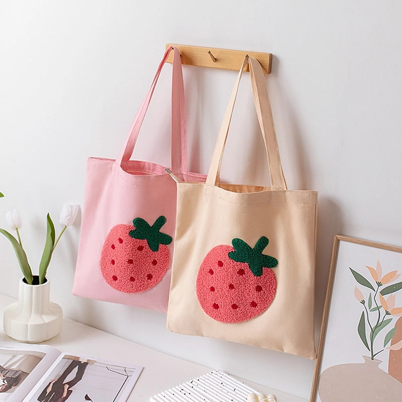 Women's Large Canvas Strawberry Streetwear Embroidery Square Zipper Handbag