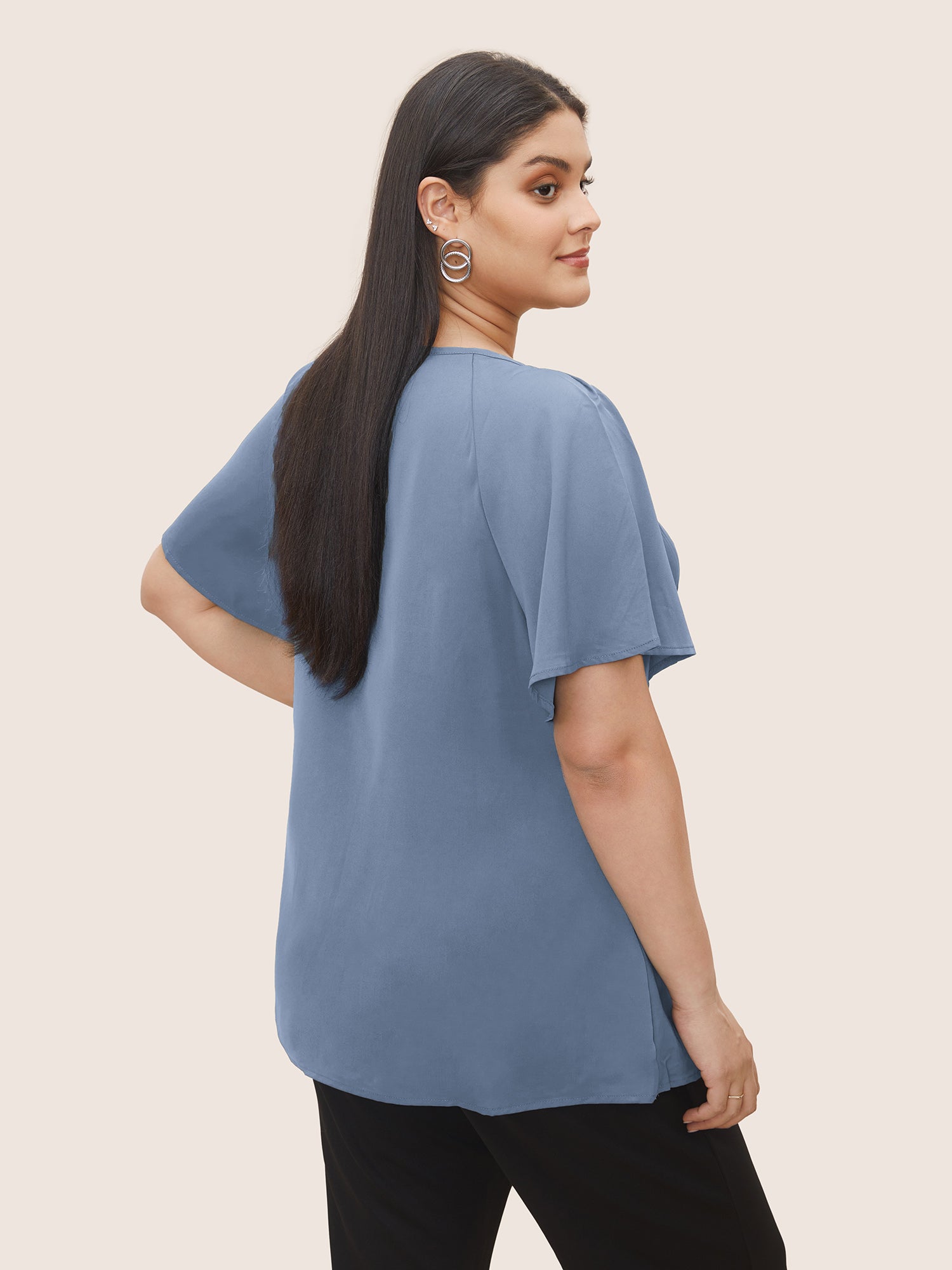 Plain Keyhole Knotted Front Ruffle Sleeve Blouse