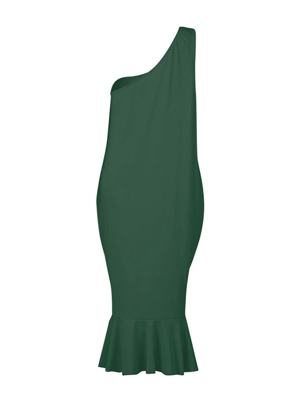 Bodycon High Waisted Asymmetric Pleated Solid Color One-Shoulder Midi Dresses