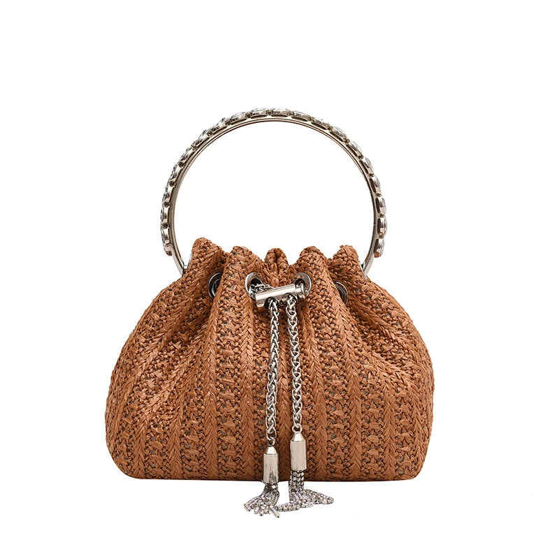 Women's All Seasons Straw Solid Color Vacation Bucket String Handbag Straw Bag