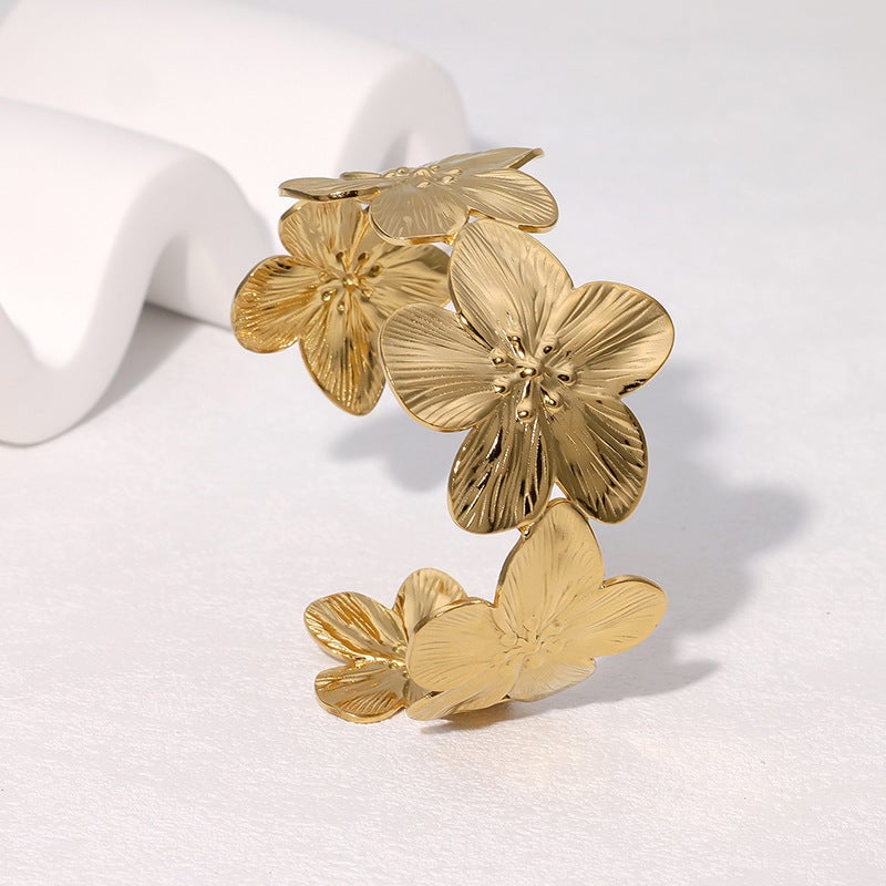 Retro Wide Bracelet Flower Simple Ins French Niche Stainless Steel Bracelet