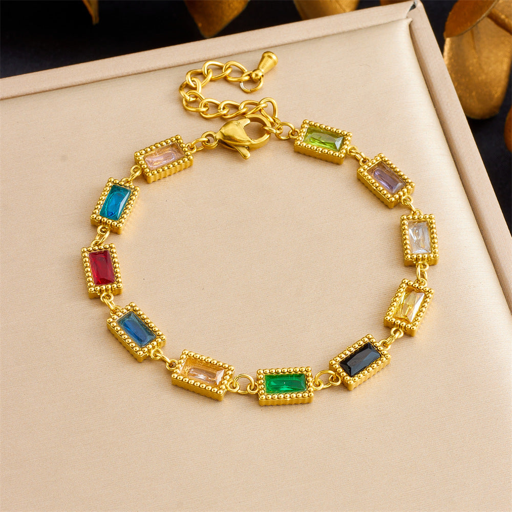 Fashionable Micro-Inlaid Geometric Colored Gemstone Chain Bracelet Oval Drop Square Ladies Stainless Steel Jewelry