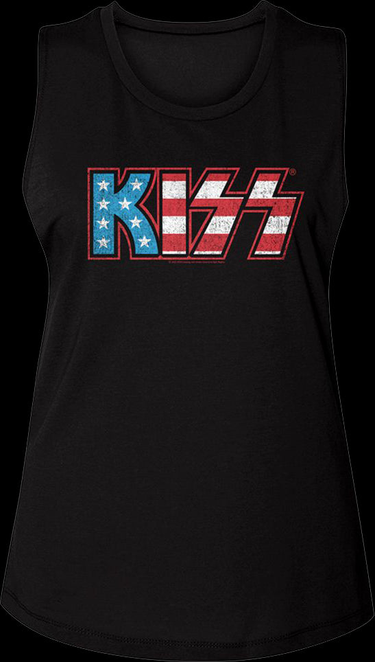 Ladies American Flag Logo KISS Muscle Tank Top