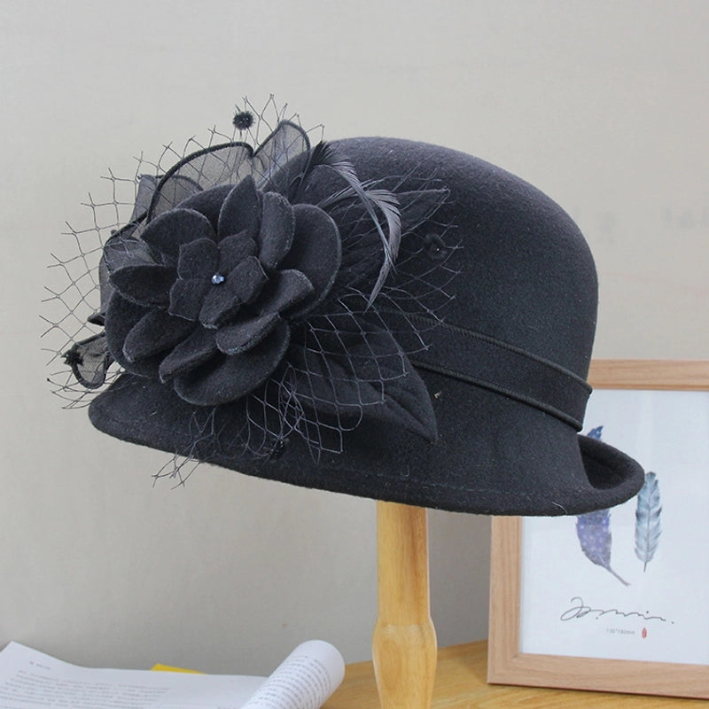 Autumn And Winter  Elegant Mesh Flower Felt Hat Women's Outdoor Warm Woolen Basin Hat Curled Top Hat