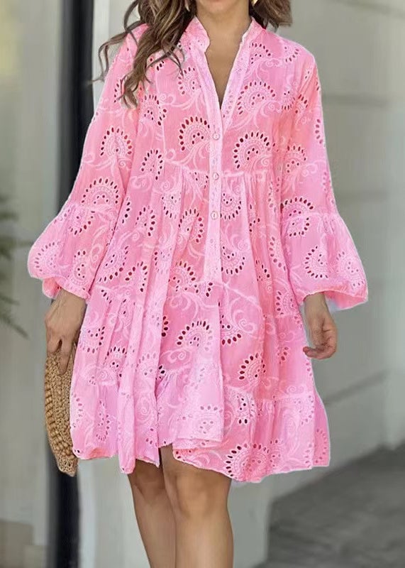 Casual Pink Oversized Hollow Out Cotton Sun Dress Summer