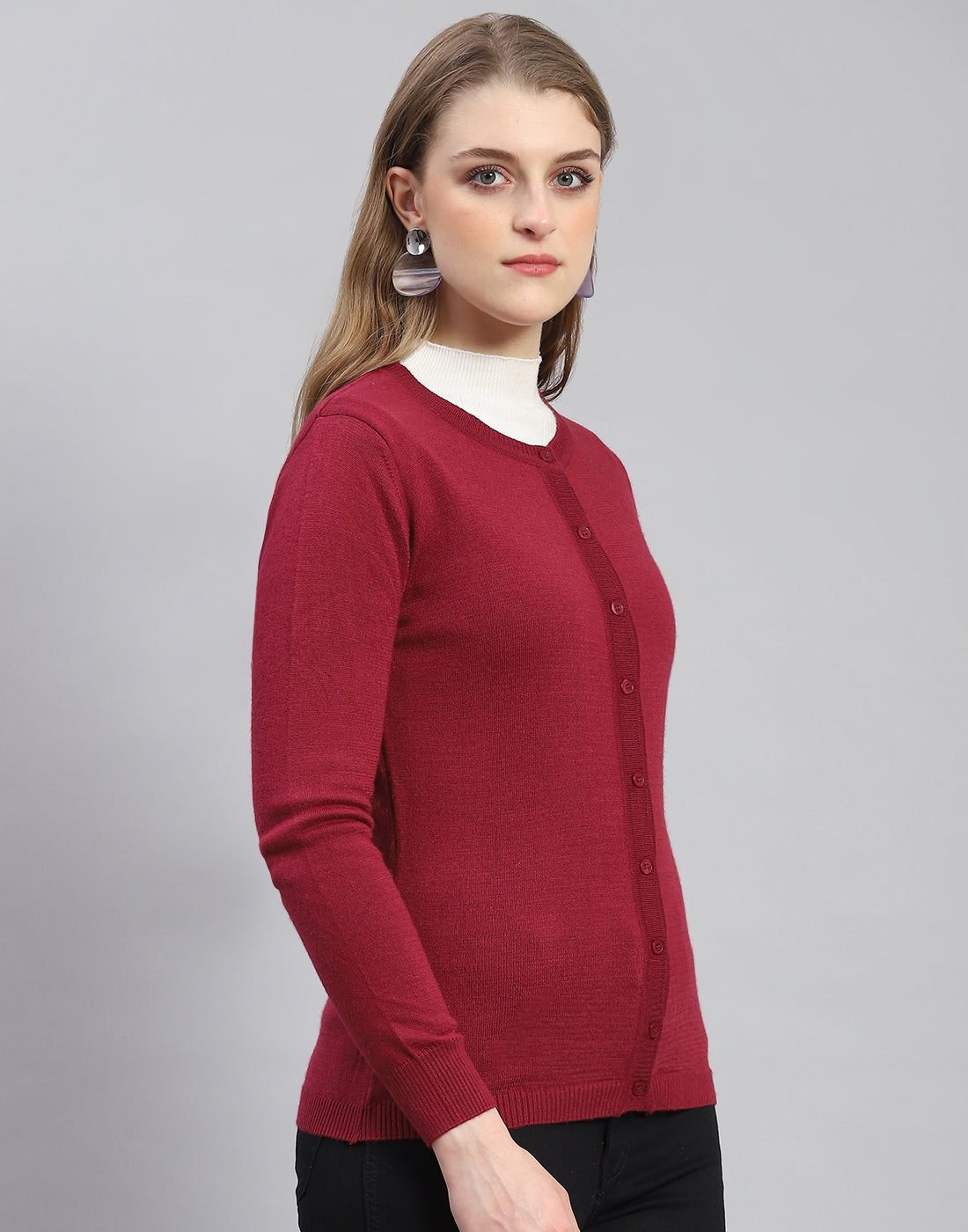 Women Maroon Solid Round Neck Full Sleeve Cardigan