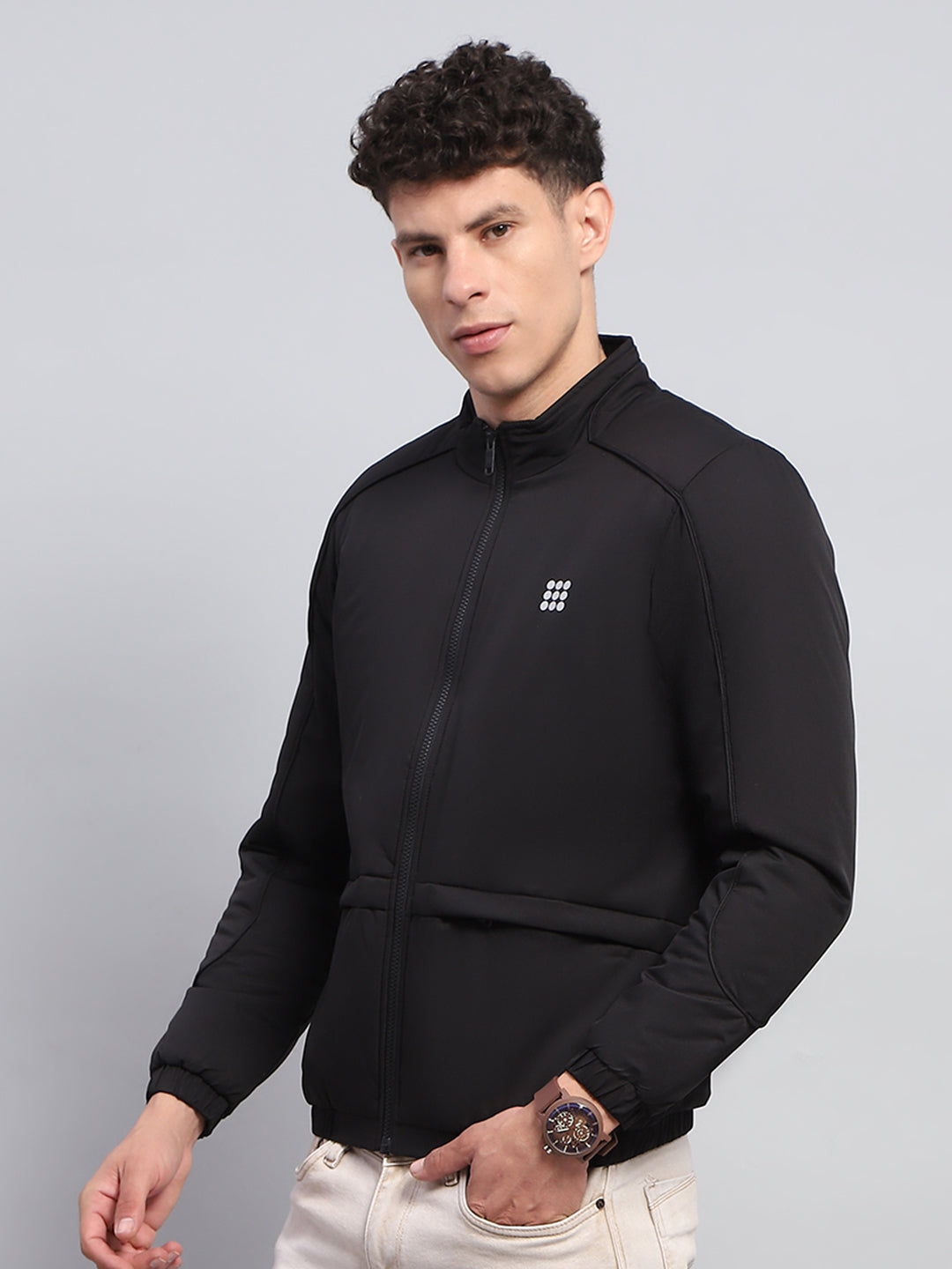 Men Black Solid Mock Neck Full Sleeve Jacket