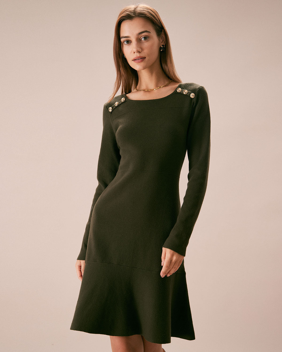 The Army Green Button Sweater Mini Dress