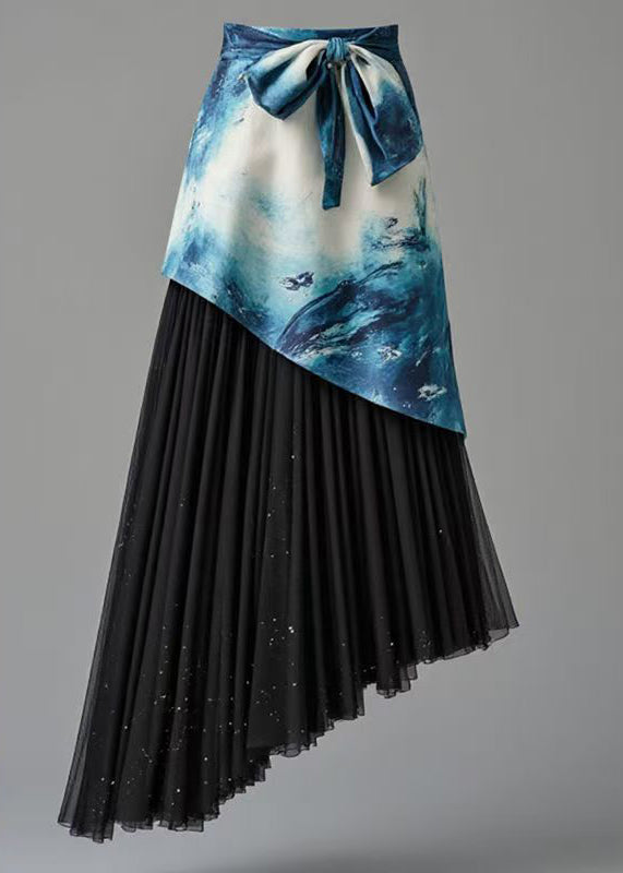 Boutique Blue Asymmetrical Print Wrinkled Patchwork Skirt Summer