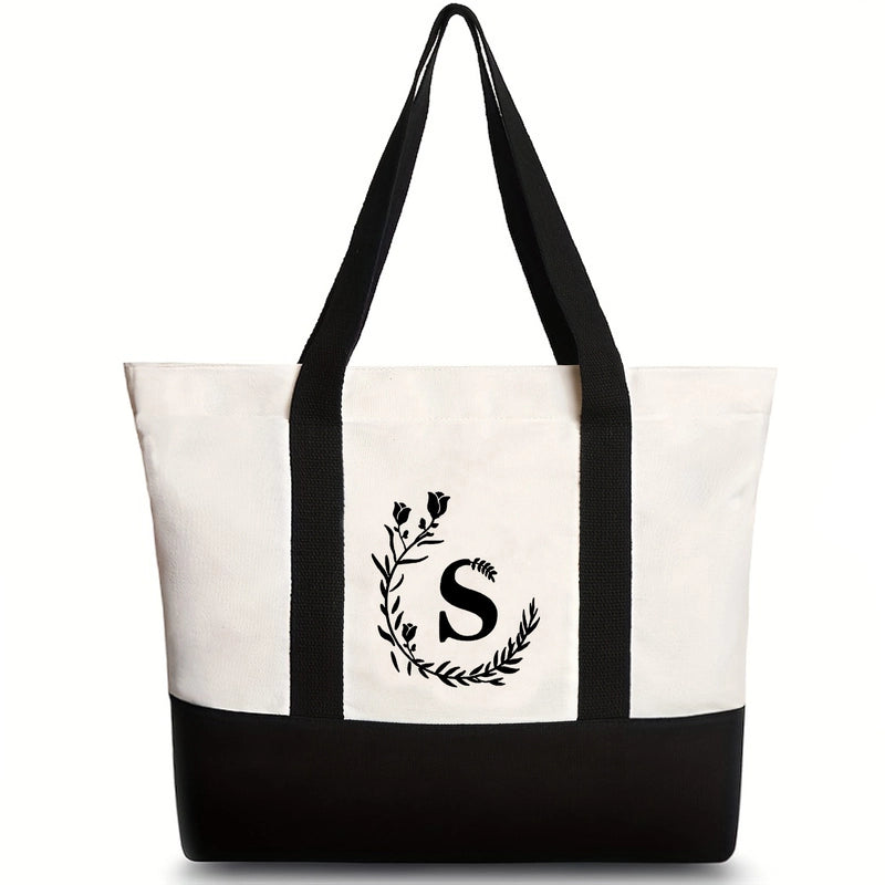Women's Medium Canvas Letter Flower Classic Style Square Zipper Shoulder Bag